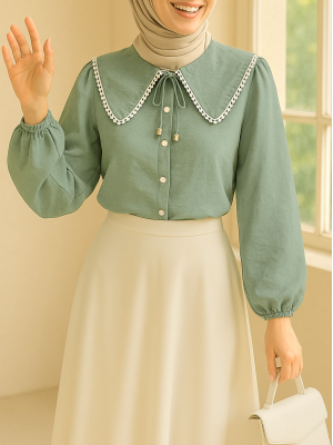 Bebe Yaka Dantelli Kolu Lastikli Gömlek -Mint