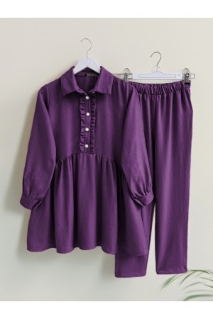 بدلة كتان بنصف أزرار مع كشكشة أمامية -لون الخوخ