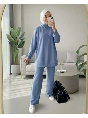 Yarım Fermuarlı Boğazlı Penye Takım -İndigo