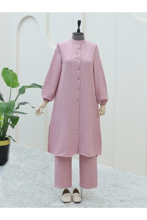 Metal Buttoned Trousers Suit with Elastic Sleeves -Powder