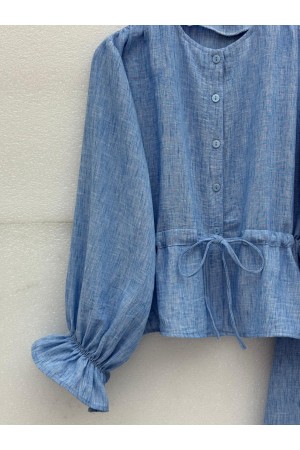 Linen Suit with Buttoned Front and Elasticated Arms and Tunnel Laces -Blue