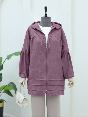 Robadan Piliseli Çift Cepli Kapşonlu Kap -Vişne