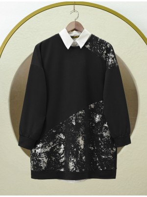 Silver Printed Pieced Crew Neck Tunic -Black