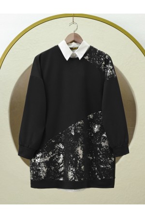 Gümüş Baskılı Parçalı Bisiklet Yaka Tunik -Siyah