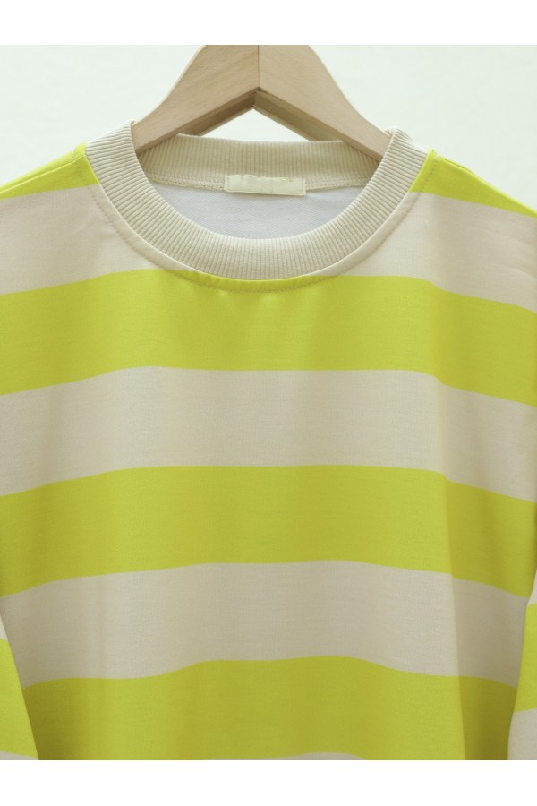 Round Neck Thick Striped Oversize Sweat -Oil Green