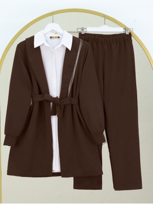 Metal Tassel Collar Belted Jacket Trouser Set -Brown