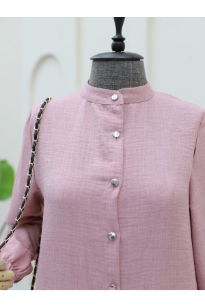 Metal Buttoned Trousers Suit with Elastic Sleeves -Powder