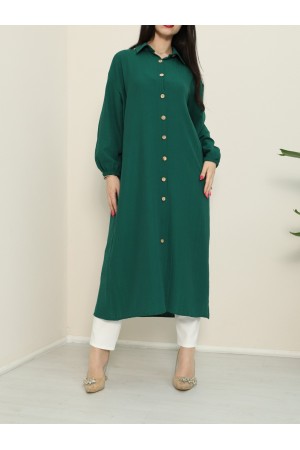 تونيك طويل مجعد بأكمام مرنة وأزرار في كل مكان -زمرد