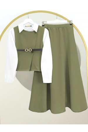 Çapraz Düğmeli Yelek Etek İkili Takım -Haki