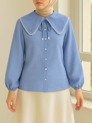 Bebe Yaka Dantelli Kolu Lastikli Gömlek -Mavi