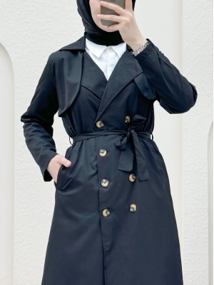 Double Button Shawl Shoulder Waist Trench Coat  -Black