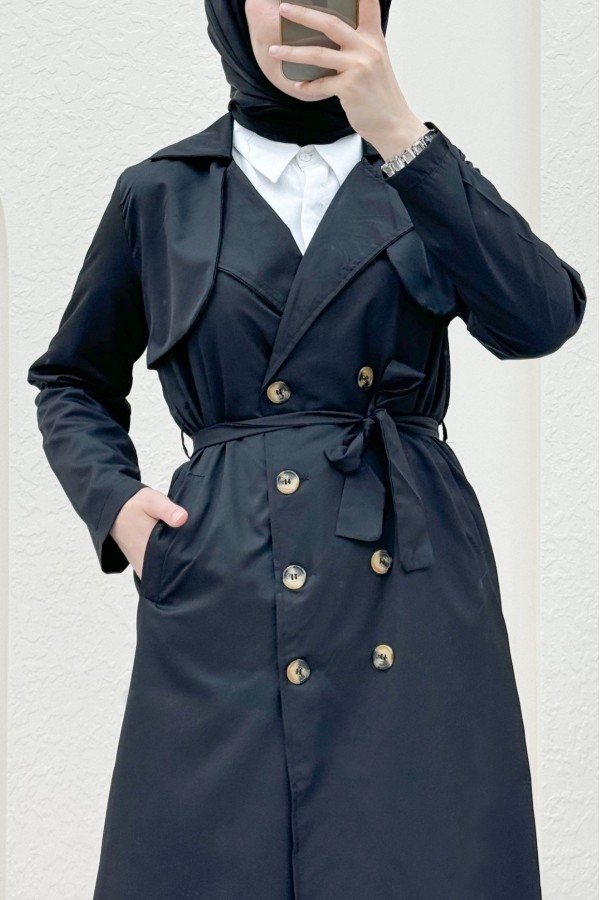 Double Button Shawl Shoulder Waist Trench Coat  -Black