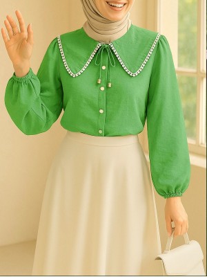 Bebe Yaka Dantelli Kolu Lastikli Gömlek  -Yeşil
