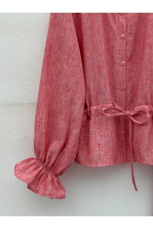 Linen Suit with Buttoned Front and Elasticated Arms and Tunnel Laces -Garnet Color