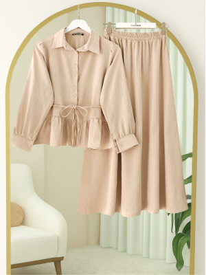 Parçalı Büzgülü Bluz Etekli Takım -Bej