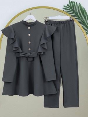 Düğme Detaylı Dik Yaka Omuzu Fırfırlı Scuba Takım   -Füme