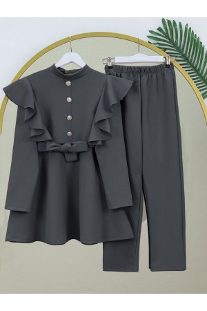 Düğme Detaylı Dik Yaka Omuzu Fırfırlı Scuba Takım   -Füme