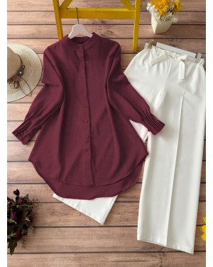 Kol Manşeti Drapeli Oval Kesim Gömlek       -Bordo