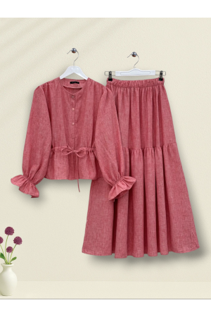 Linen Suit with Buttoned Front and Elasticated Arms and Tunnel Laces -Garnet Color