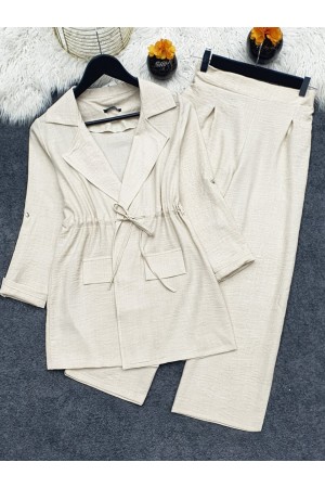 Kapaklı Tünel Köprülü Ceketli Keten Takım   -Bej