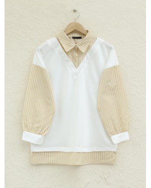 Striped Shirt Detail Sweat Tunic -Light Mink