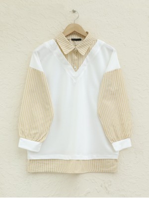 Striped Shirt Detail Sweat Tunic -Light Mink