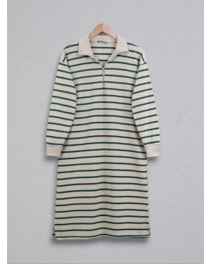 Half Turtleneck Zippered Striped Tunic -Emerald