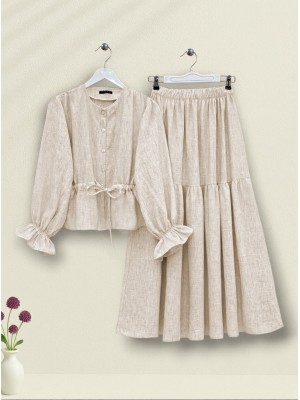 Önü Düğmeli Kolu Lastikli Tünel Bağcıklı Keten Takım  -Bej