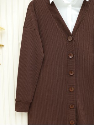 Fitilli Burgu Kumaş Düğmeli Uzun Hırka -Kahve