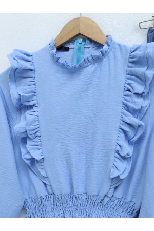 Robadan Fırfırlı Beli Büzgülü Ayrobin Bluz -Bebe Mavi