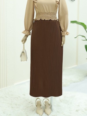 Beli Lastikli Pliseli Kalem Etek -Kahve