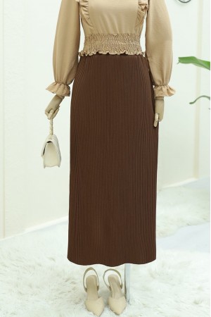 Beli Lastikli Pliseli Kalem Etek -Kahve