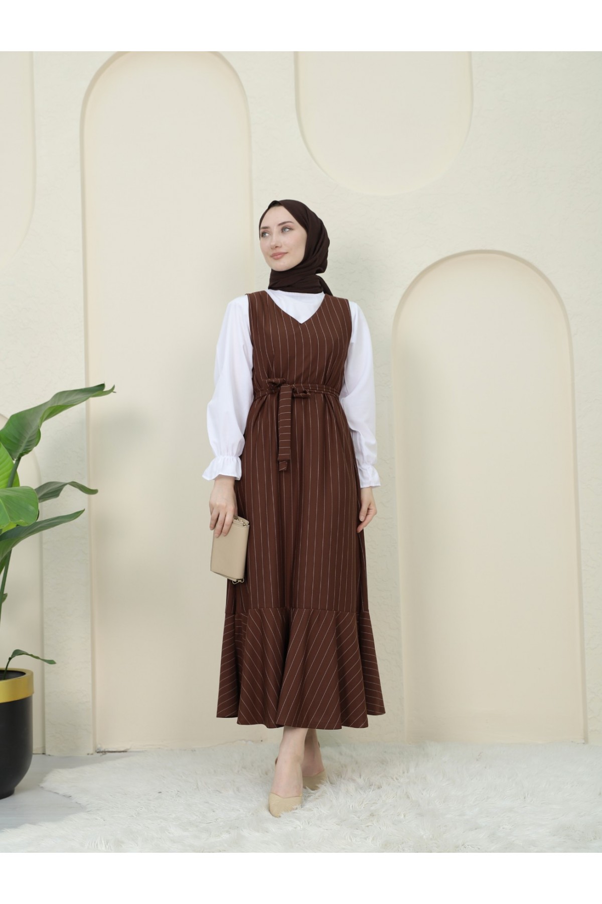 Striped Waist Belted Shirt Gilet Set -Brown