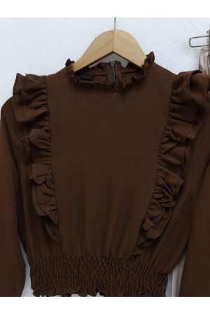 Robadan Fırfırlı Beli Büzgülü Ayrobin Bluz -Kahve