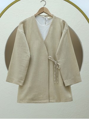Side Tie Linen Kimono - Beige