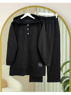 Çıtçıtlı  Arma Detaylı İkili Penye Takım -Siyah