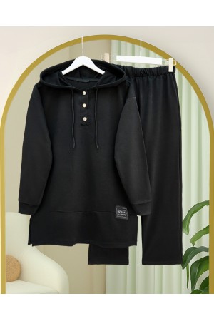 Çıtçıtlı  Arma Detaylı İkili Penye Takım -Siyah