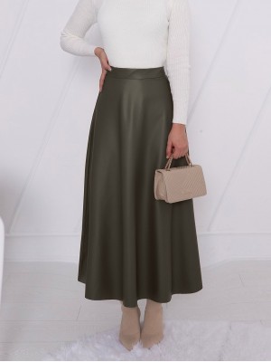 Beli Lastikli Düz Deri Etek (1962)  -Haki