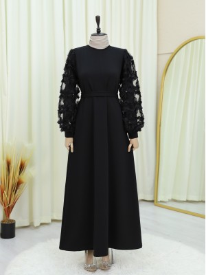 Kabartma Çiçekli Tül Kollu Kemerli Elbise -Siyah