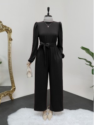 Dik Yaka Beli Lastikli Kuşaklı Tulum -Siyah