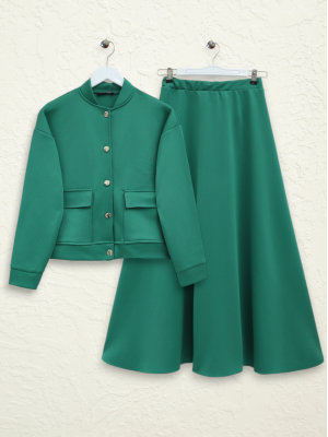 Çift Cepli Metal Düğmeli Etekli Scuba Takım -Zümrüt
