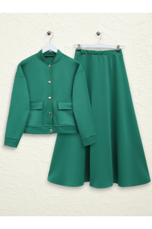 Çift Cepli Metal Düğmeli Etekli Scuba Takım -Zümrüt