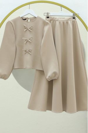Önü Fiyonk Detaylı Etekli Scuba Takım -Bej