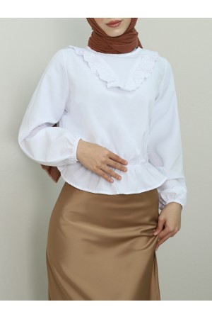 Laced Waist Gathered Poplin Blouse -White