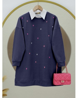 Bisiklet Yaka Kalp İşlemeli Yırtmaçlı Tunik -Laci