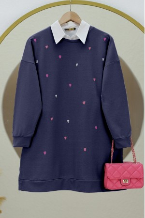 Bisiklet Yaka Kalp İşlemeli Yırtmaçlı Tunik -Laci