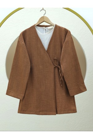 كيمونو من الكتان برباط جانبي -قرفة