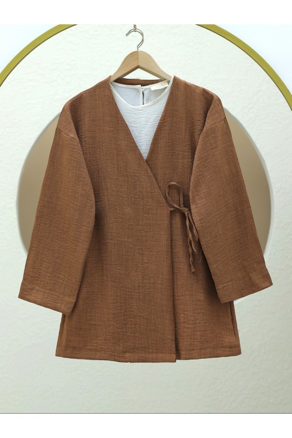 Yandan Bağlamalı Keten Görünümlü Kimono -Tarçın