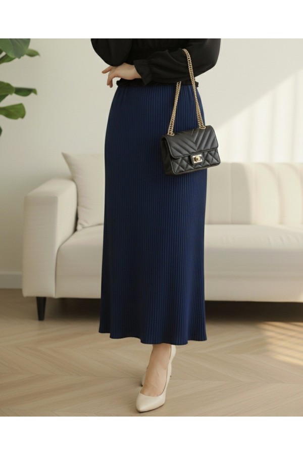 Pleated Pencil Skirt with Elastic Waist -Navy blue