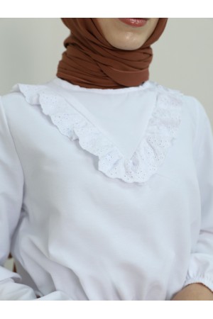 Güpürlü Beli Büzgülü Poplin Bluz -Beyaz